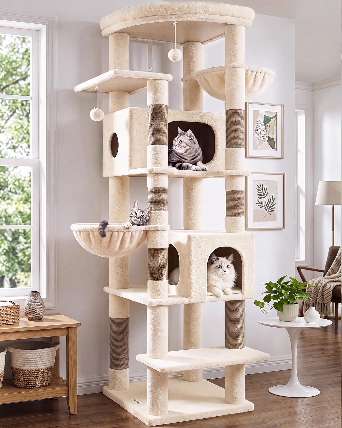 Leopard print 74 inch cat tree with padded condos and baskets – view 5