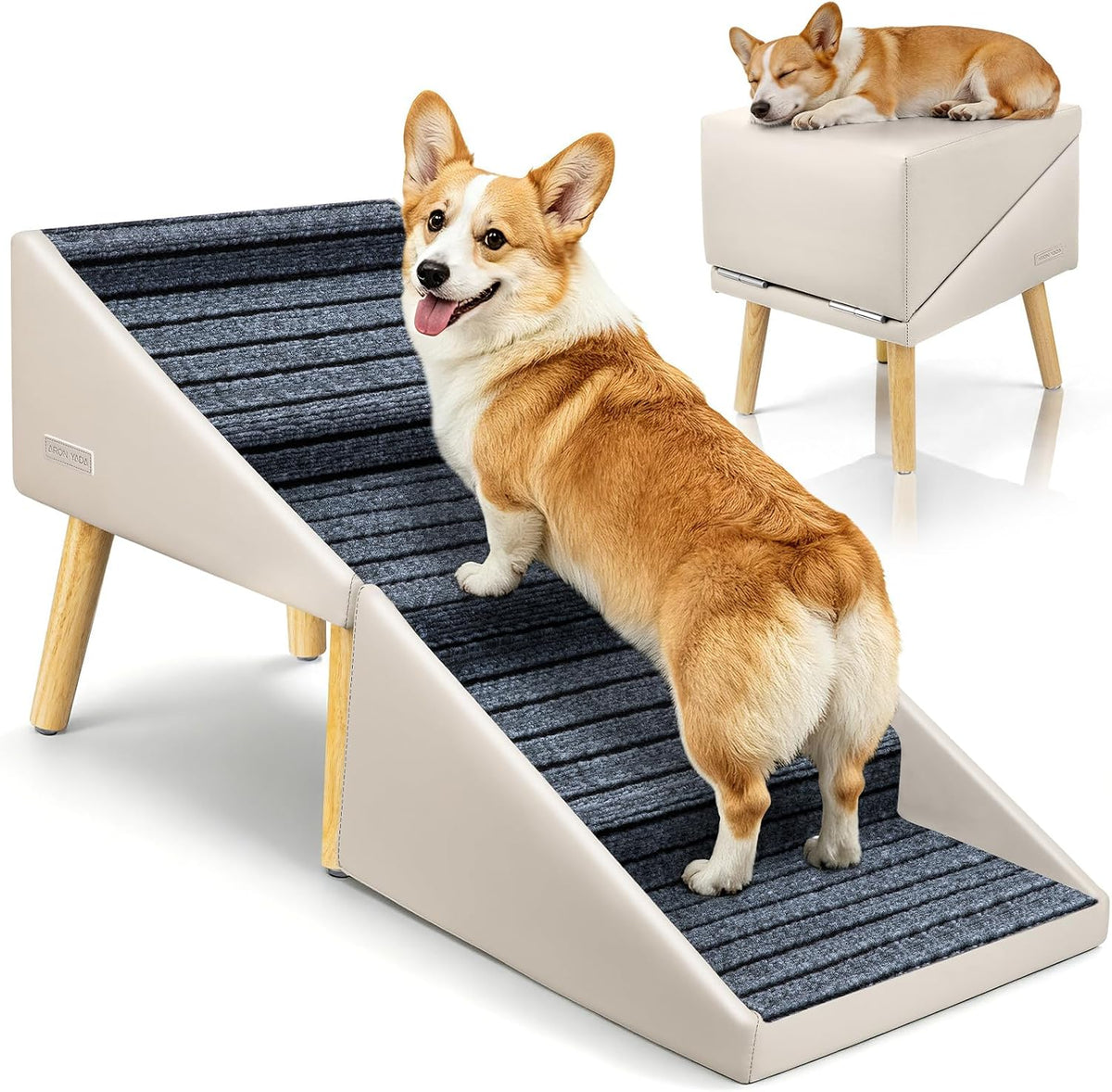 Six-step foldable dog stairs beside a high bed – view 4