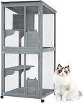 Garvee 4-Tier Cat Enclosure, 69 Inch Large Catio with Wooden Cabin, Weatherproof Roof and Lockable Casters, Grey