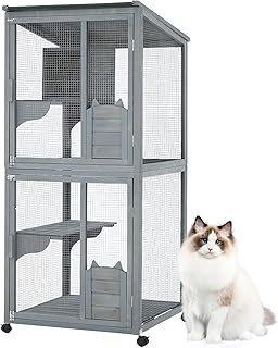 Garvee 4-Tier Cat Enclosure, 69 Inch Large Catio with Wooden Cabin, Weatherproof Roof and Lockable Casters, Grey