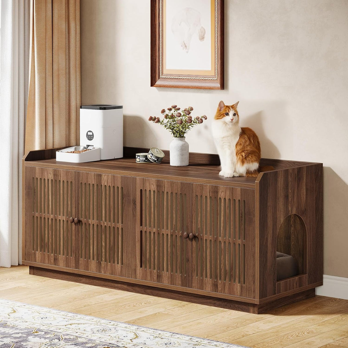 Rustic brown 55 inch litter box enclosure cabinet with side entry