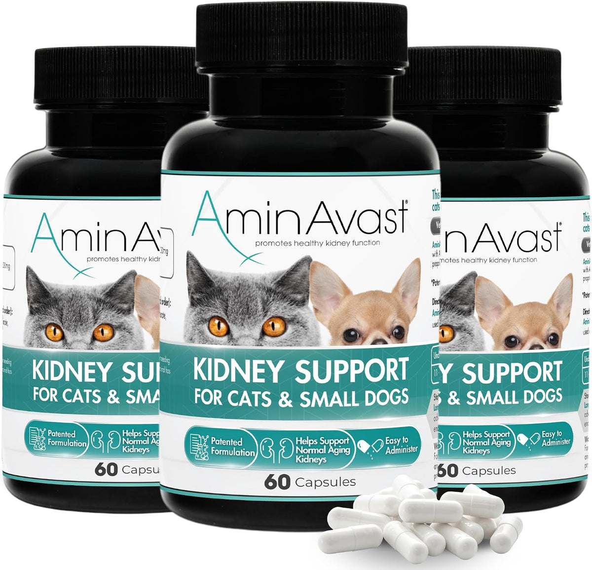 Three bottles of 300 mg capsule supplement for cats and small dogs