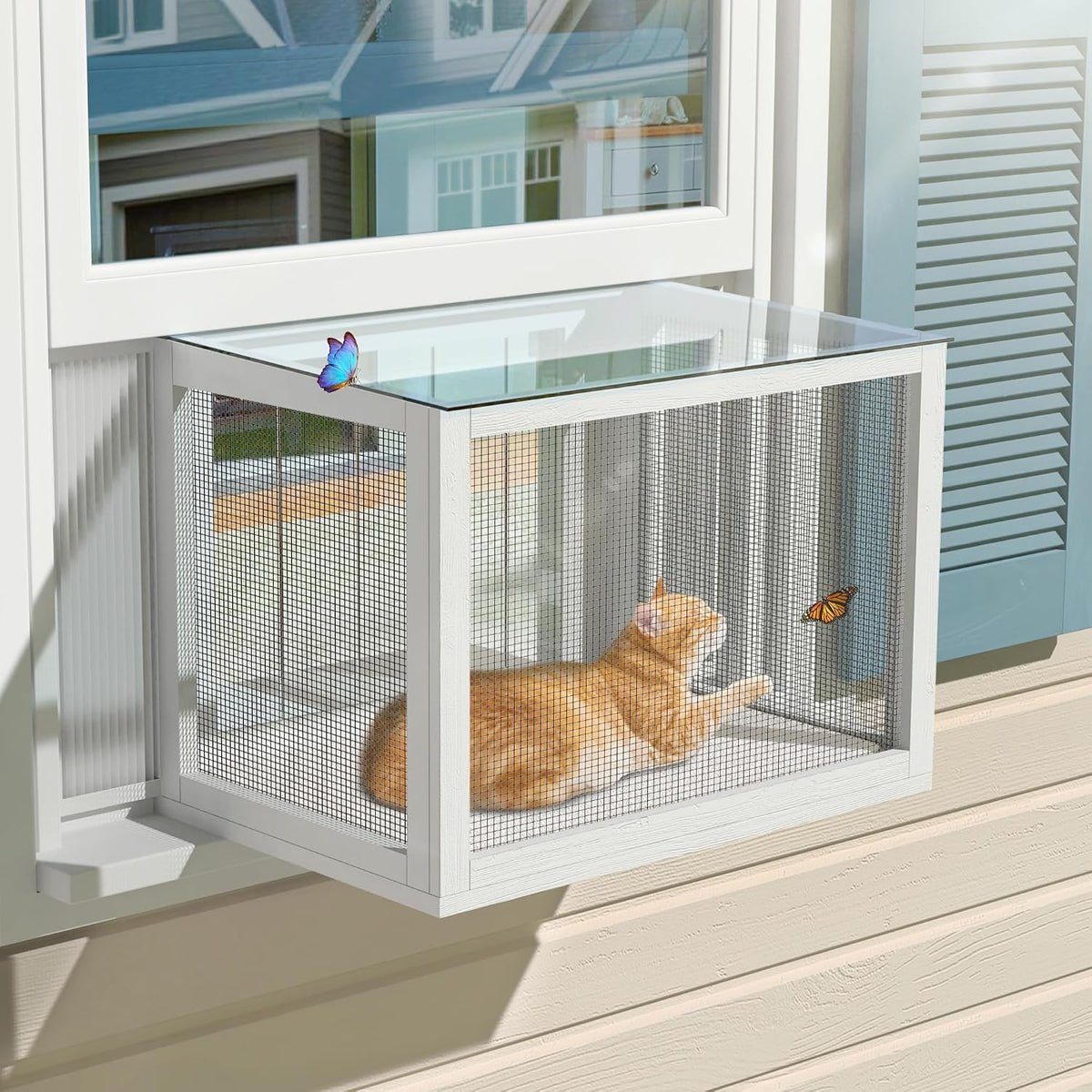 White cat window box catio with acrylic roof and mesh sides