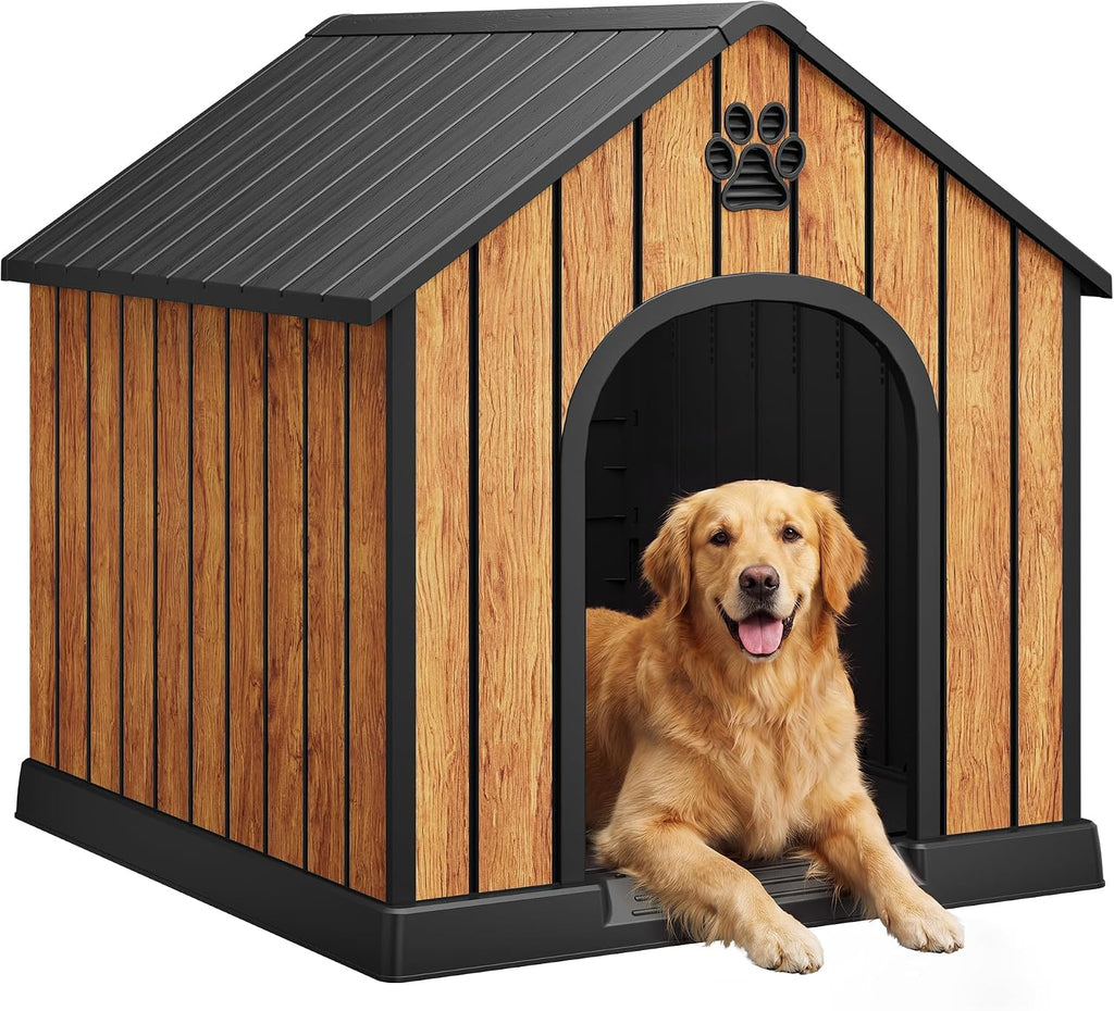 Wood-look plastic outdoor dog house with an elevated floor