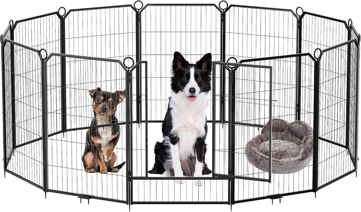 Black 16-panel metal dog playpen with lockable door in a yard – view 2