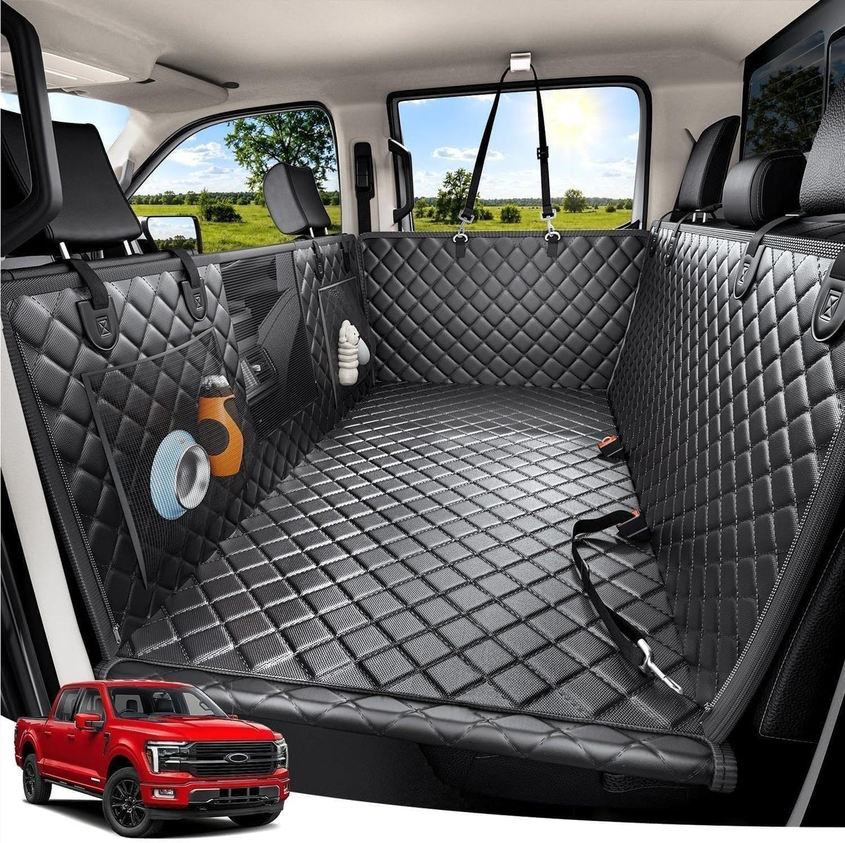 Black hard bottom dog seat cover installed across a truck back seat – view 2