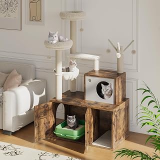 TrailBlaze Cat Litter Box Enclosure with Tree Tower and Condo, 55 Inch Multi-Level Design with Plush Perch, Sisal Scratching