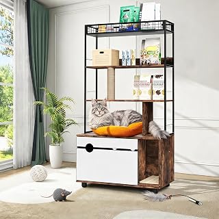 Litter Box Enclosure with 4-Tier Shelves and Cat Scratching Post