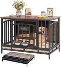 Brown foldable dog crate end table with swivel feeding bowls