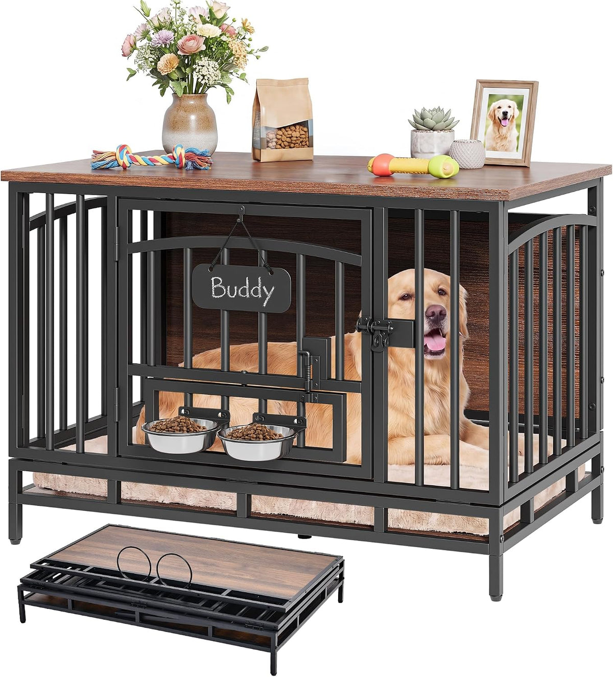 Brown foldable dog crate end table with swivel feeding bowls