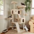 Beige 66 inch multi-level cat tree with plush perches and hammock