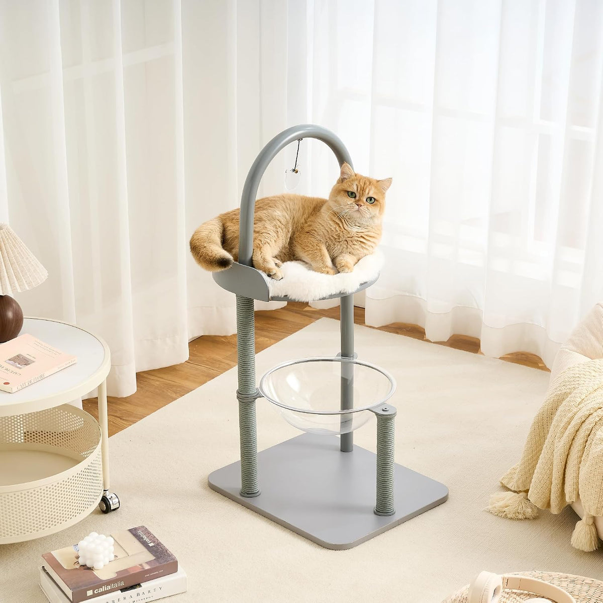 White modern solid wood cat tree with capsule, condo and sisal posts – view 9