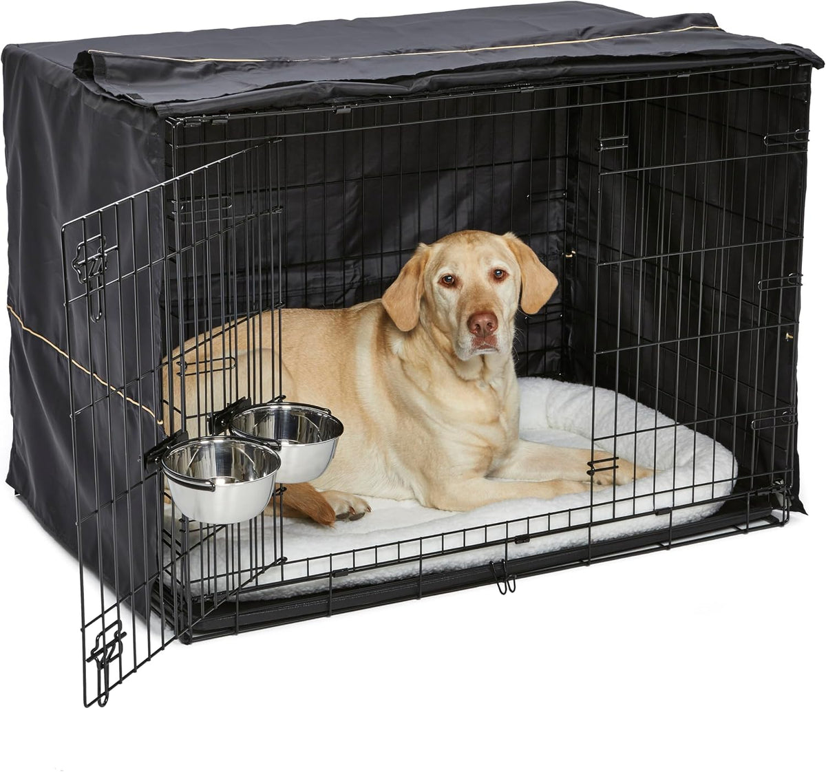 42 inch double door wire dog crate with bed, two bowls and privacy cover