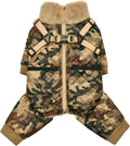 Beige mock neck winter dog jumpsuit with integrated harness