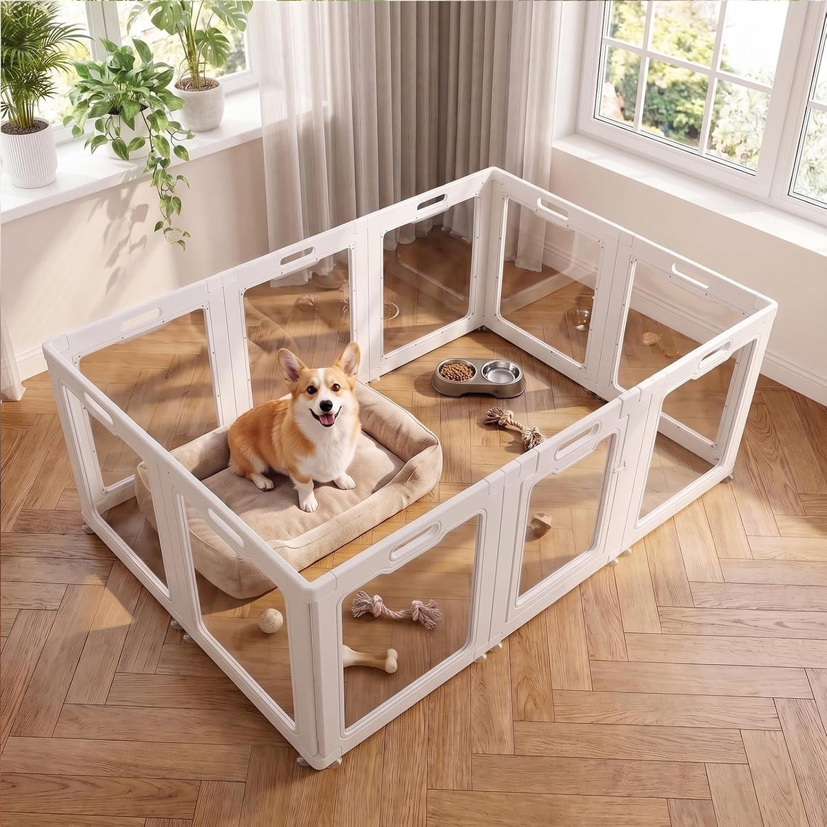 Ten-panel transparent acrylic pet pen with white frame and locking door