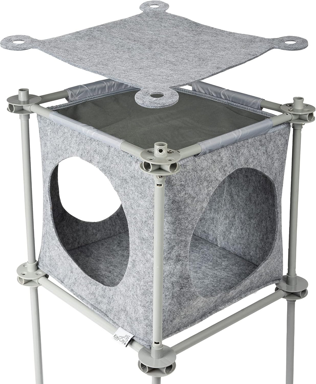 Mesh outdoor catio play kit with tunnels and covered tents on a patio – view 2