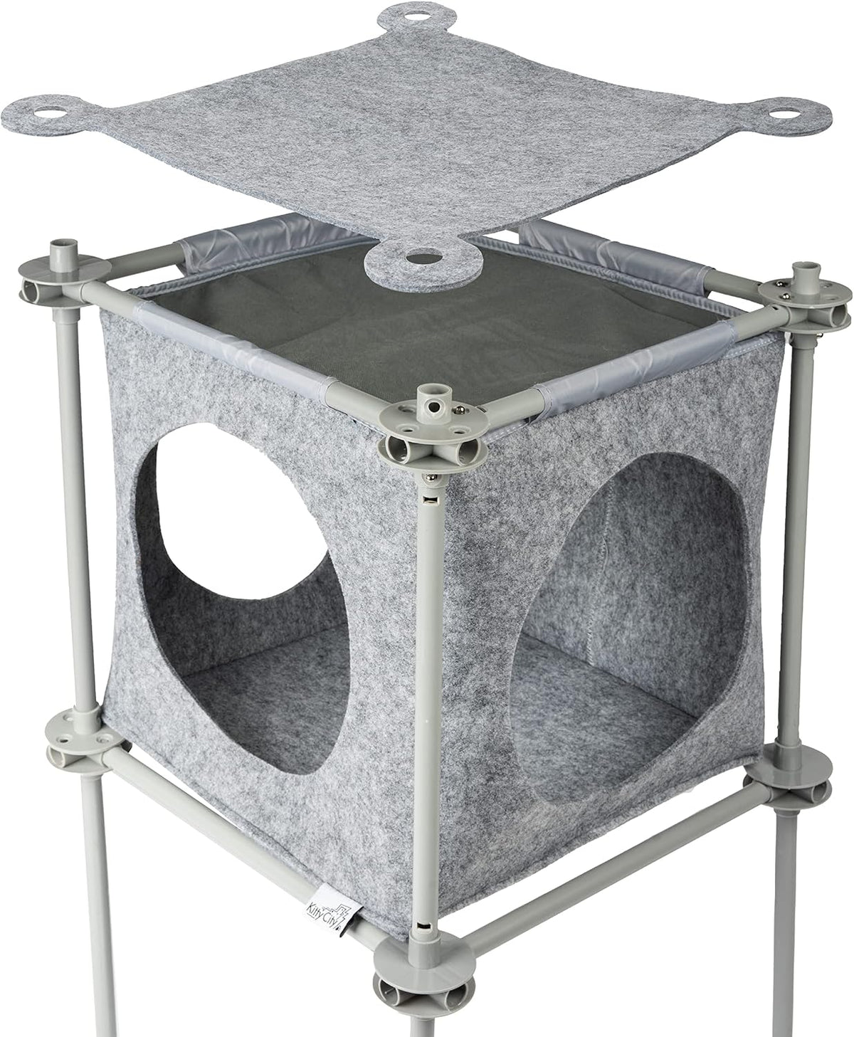 Mesh outdoor catio play kit with tunnels and covered tents on a patio – view 2