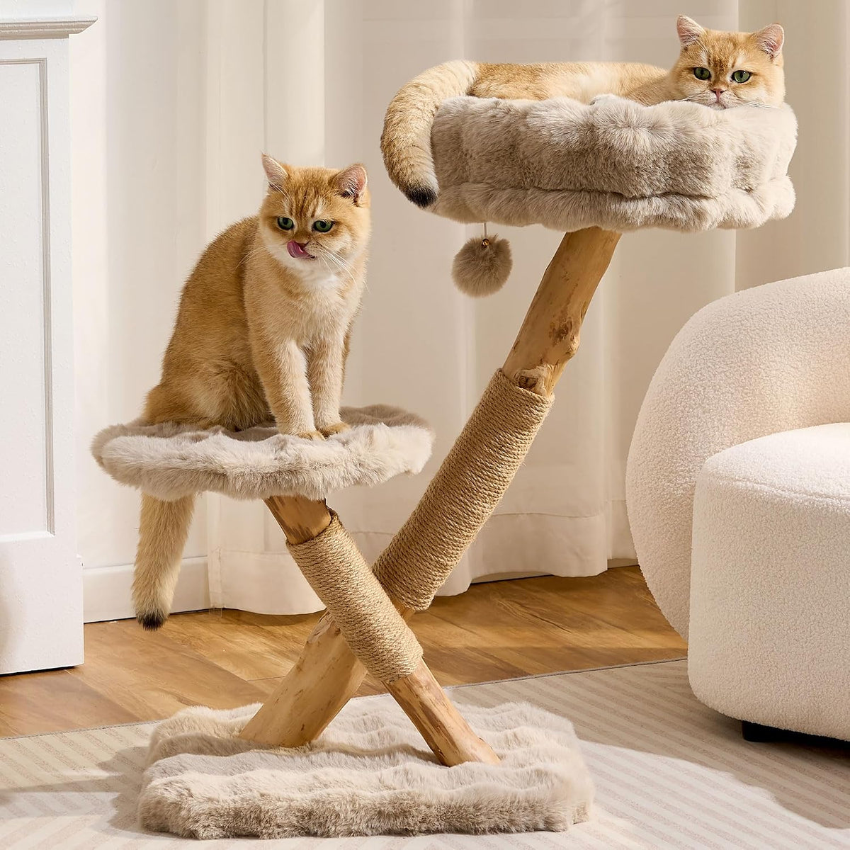 Solid wood cat tree with natural branch scratching post, bed and two perches – view 4
