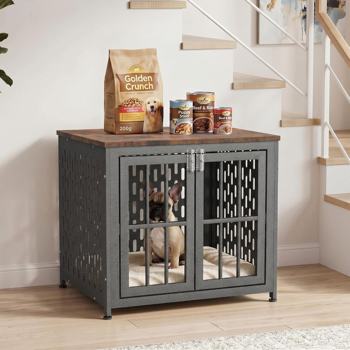 Aged black wooden end table dog crate with reinforced metal bars – view 7