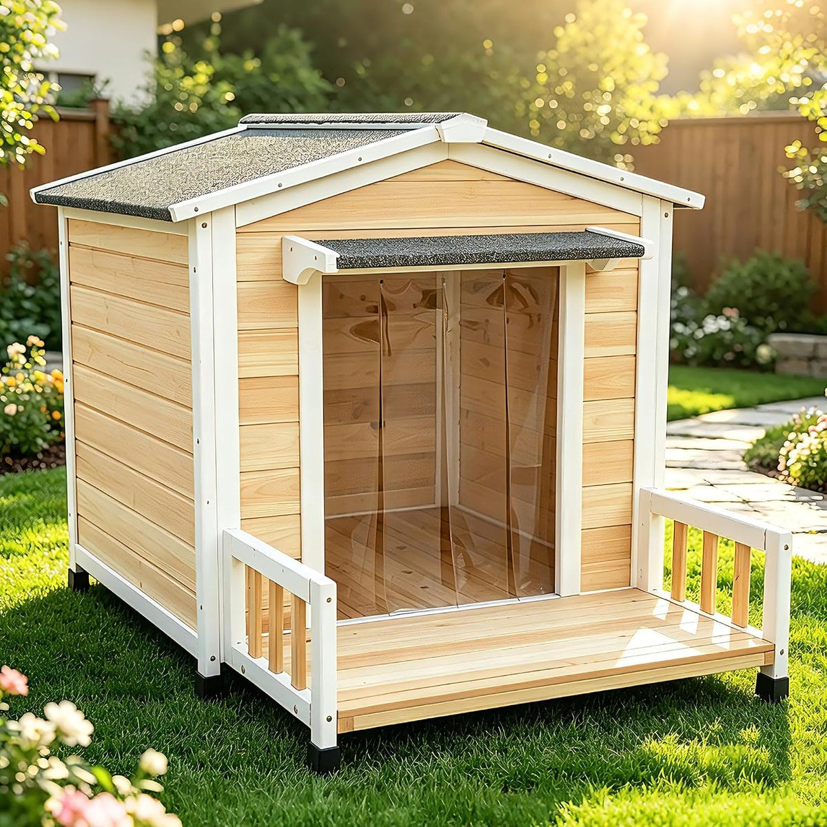 White elevated wooden dog house with front porch and asphalt shingle roof