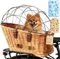 Brown wicker dog bike basket with metal grille on a rear rack