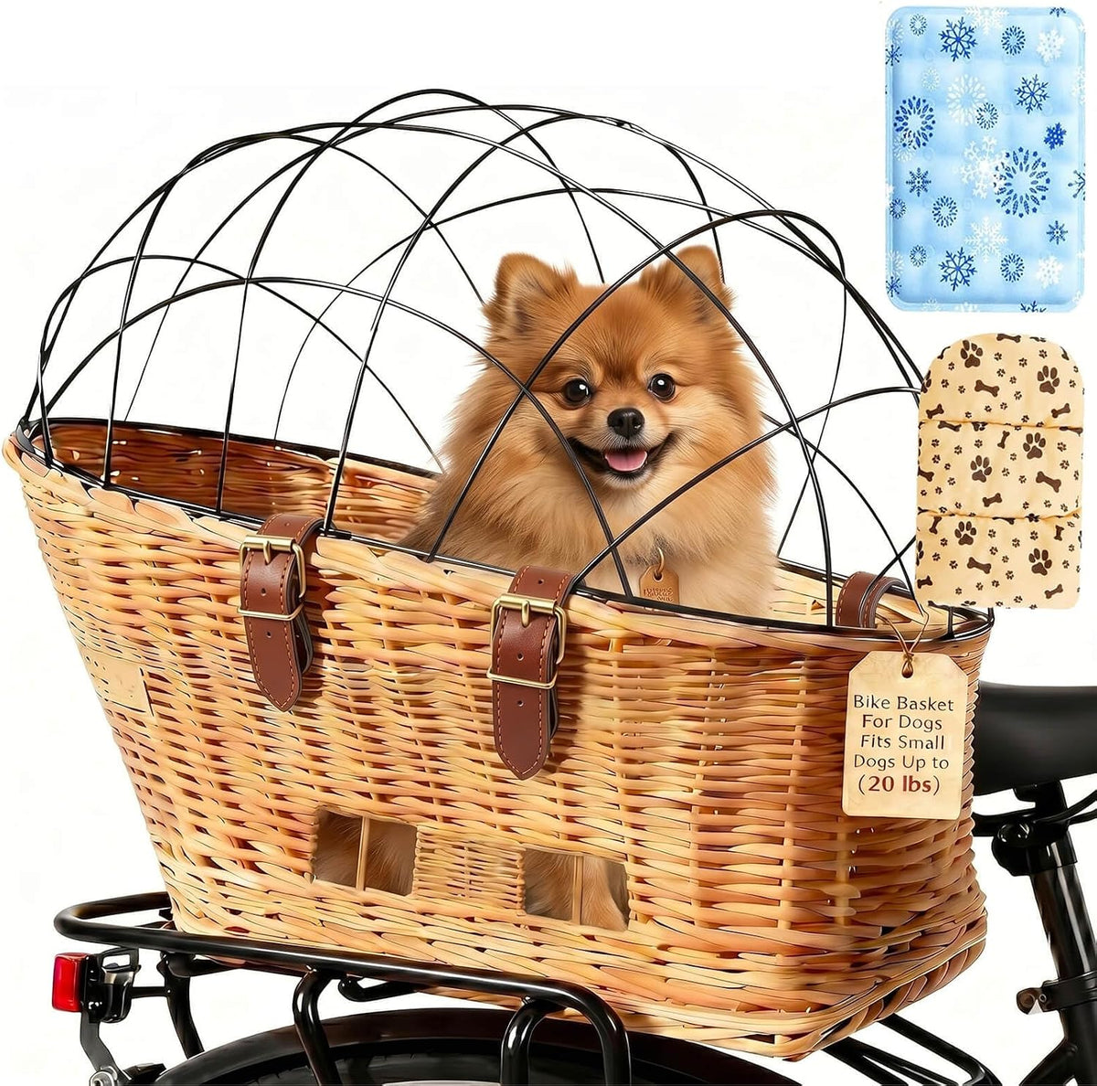 Brown wicker dog bike basket with metal grille on a rear rack