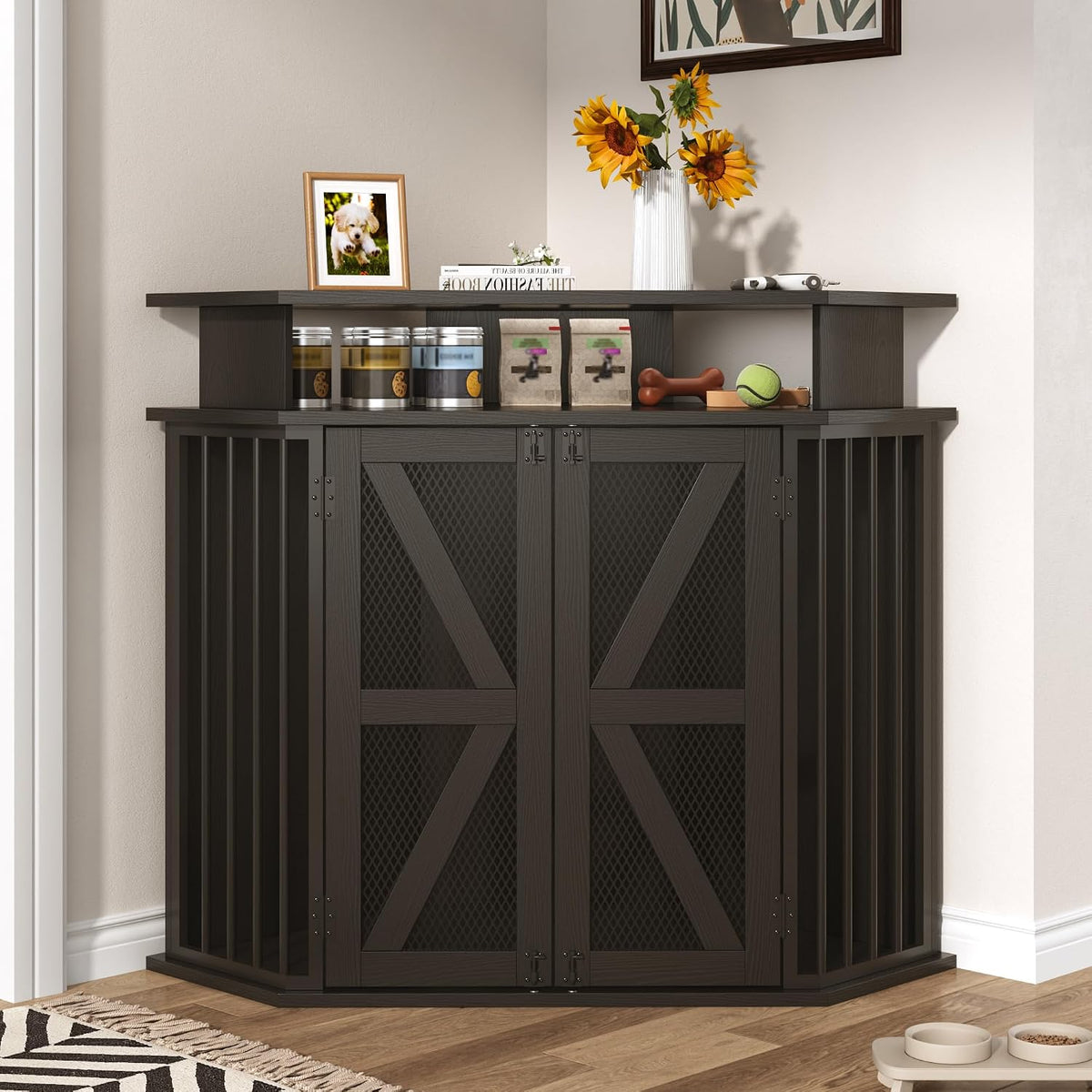 Rustic brown corner dog crate furniture with barn doors and side shelves – view 2