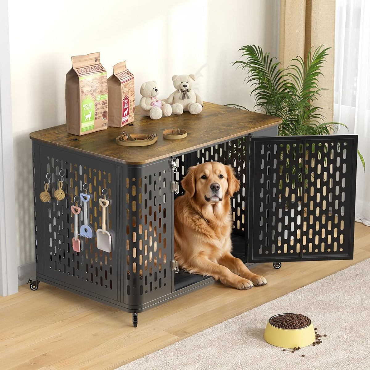 43.7 inch dog crate end table with flip top and lockable wheels
