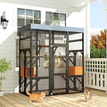 62.6 Inch Outdoor Catio with Waterproof Cover, 2 Napping Houses, Platforms and Galvanized Wire, Black and Orange