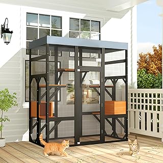 62.6 Inch Outdoor Catio with Waterproof Cover, 2 Napping Houses, Platforms and Galvanized Wire, Black and Orange