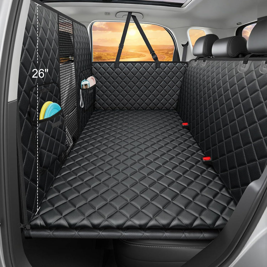 Black hard bottom dog back seat extender with high mesh barrier in a car rear seat