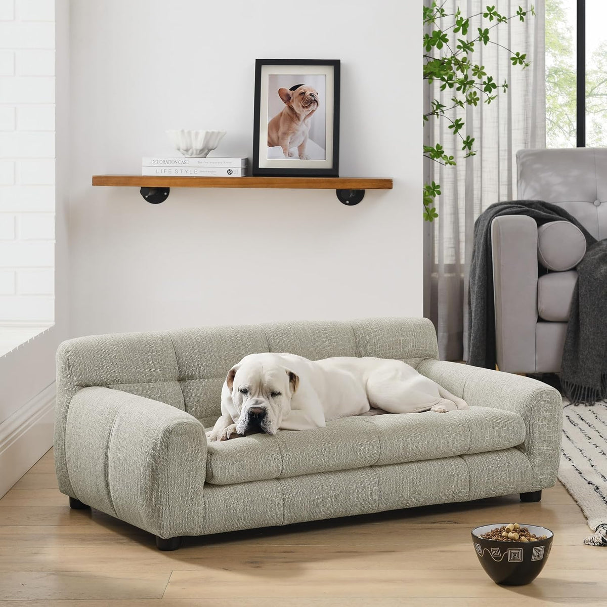 Emerald green elevated linen dog couch with backrest and armrests – view 6