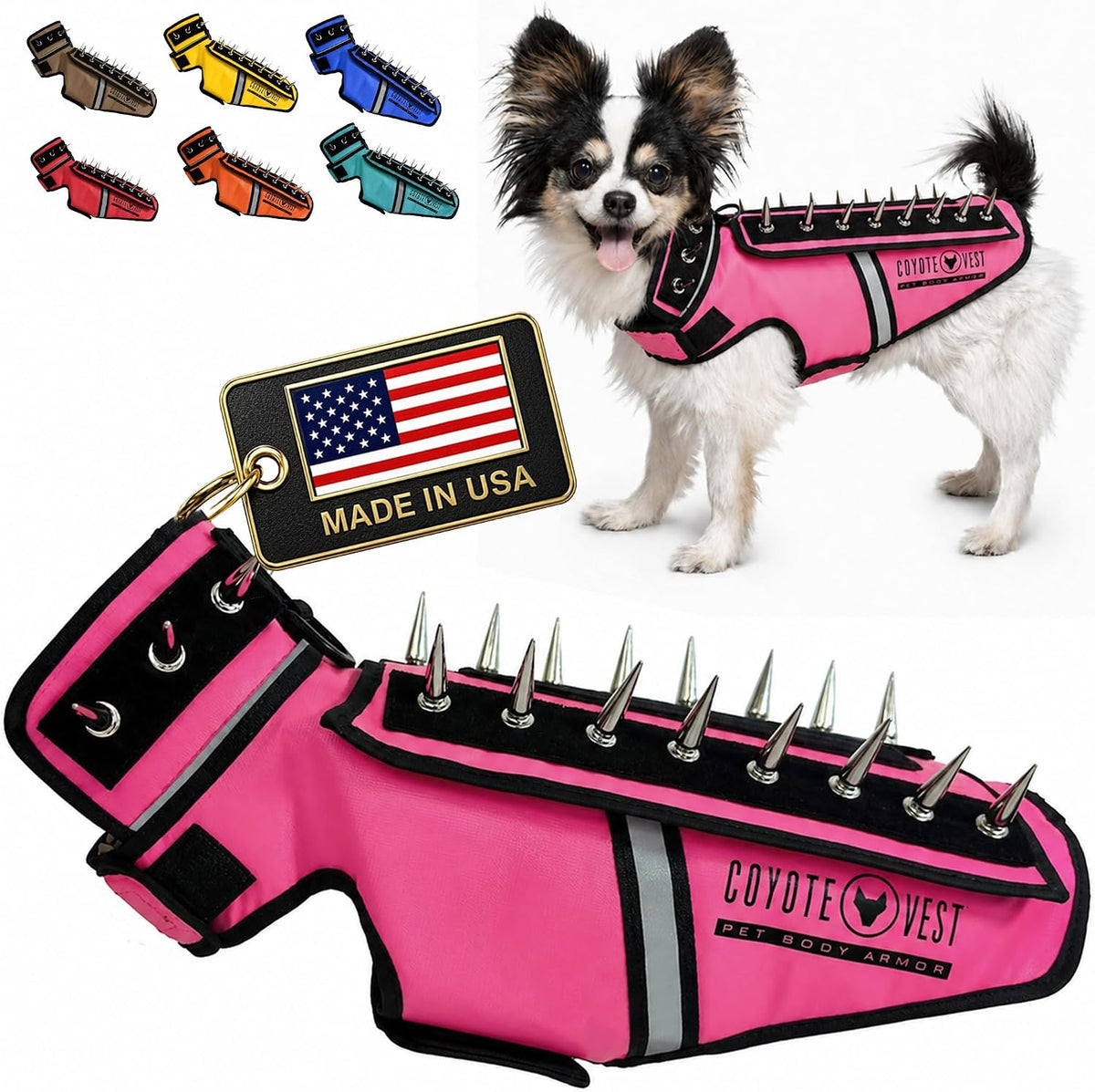 Fluorescent orange stab-resistant small dog harness vest with spike add-on – view 14