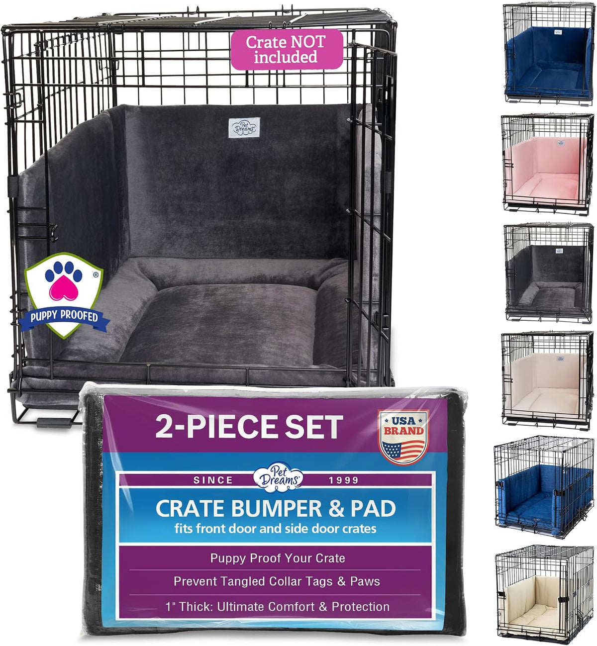 Grey padded bumper and mat lining a 48 inch wire dog crate