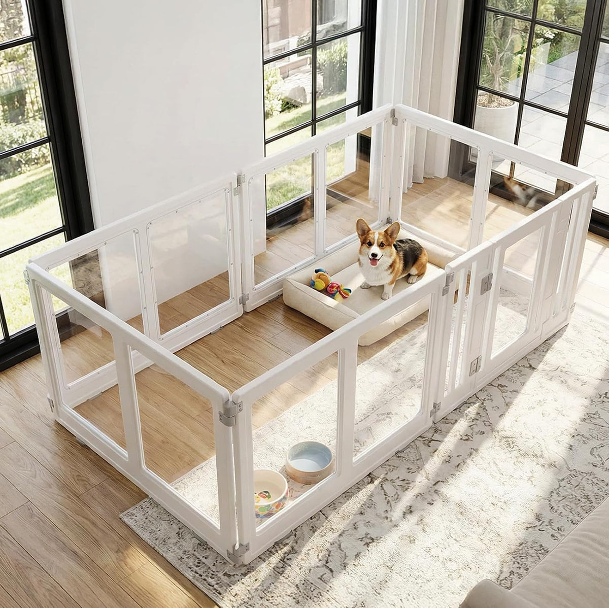 Square clear acrylic dog playpen with two locking doors in a modern room – view 2
