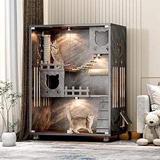 Wooden Enclosed Cat Villa with Wheels and Ventilation Glass Doors, Indoor Outdoor, 50 x 36 x 24 Inches, Grey