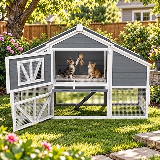 Wooden Outdoor Cat House with Run, Catio for Indoor and Outdoor Use