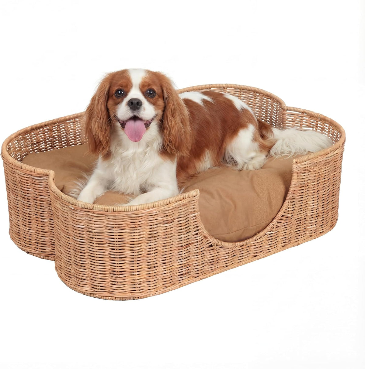 Scalloped woven water hyacinth pet bed with brown cushion