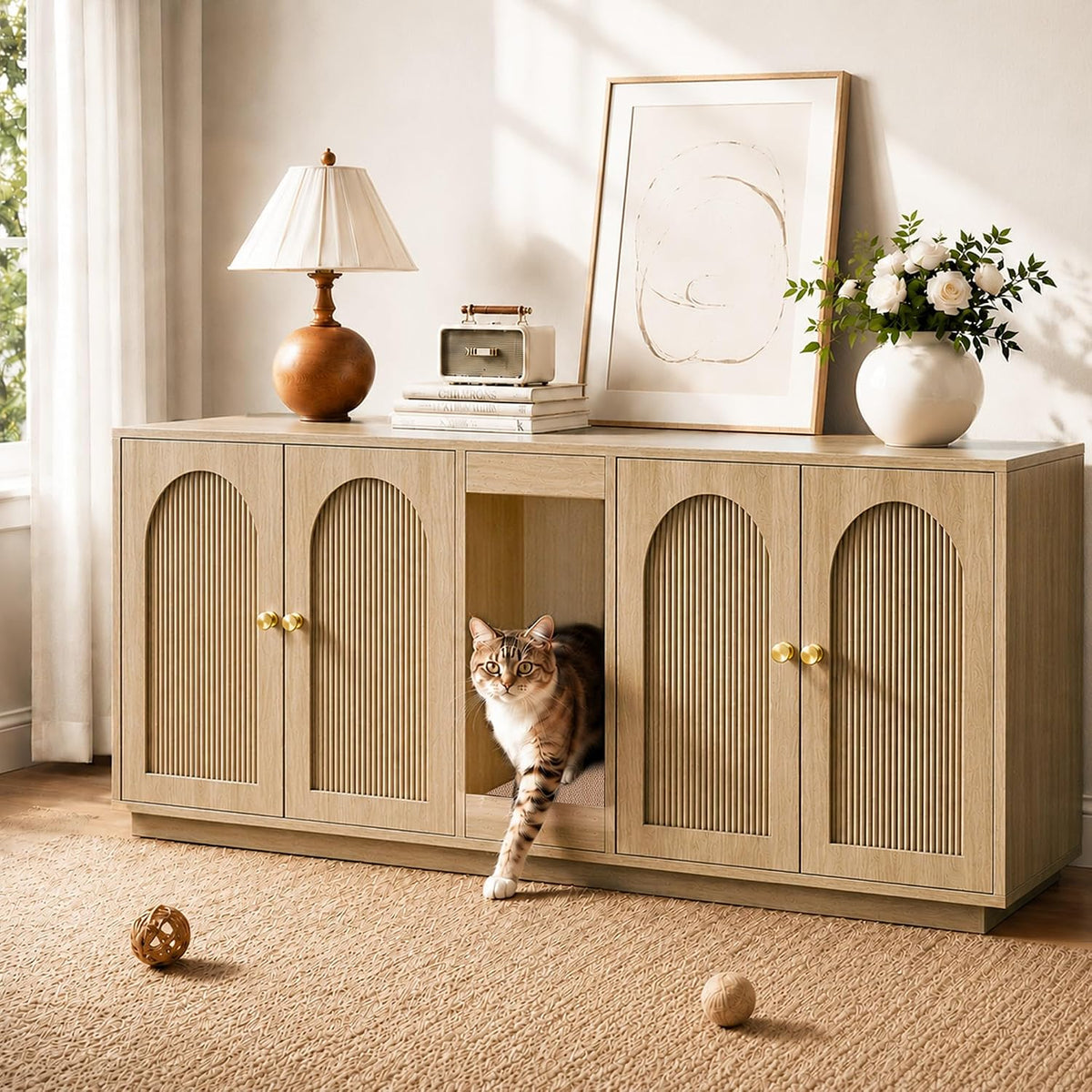 Oak 59.1 inch double litter box enclosure with four doors