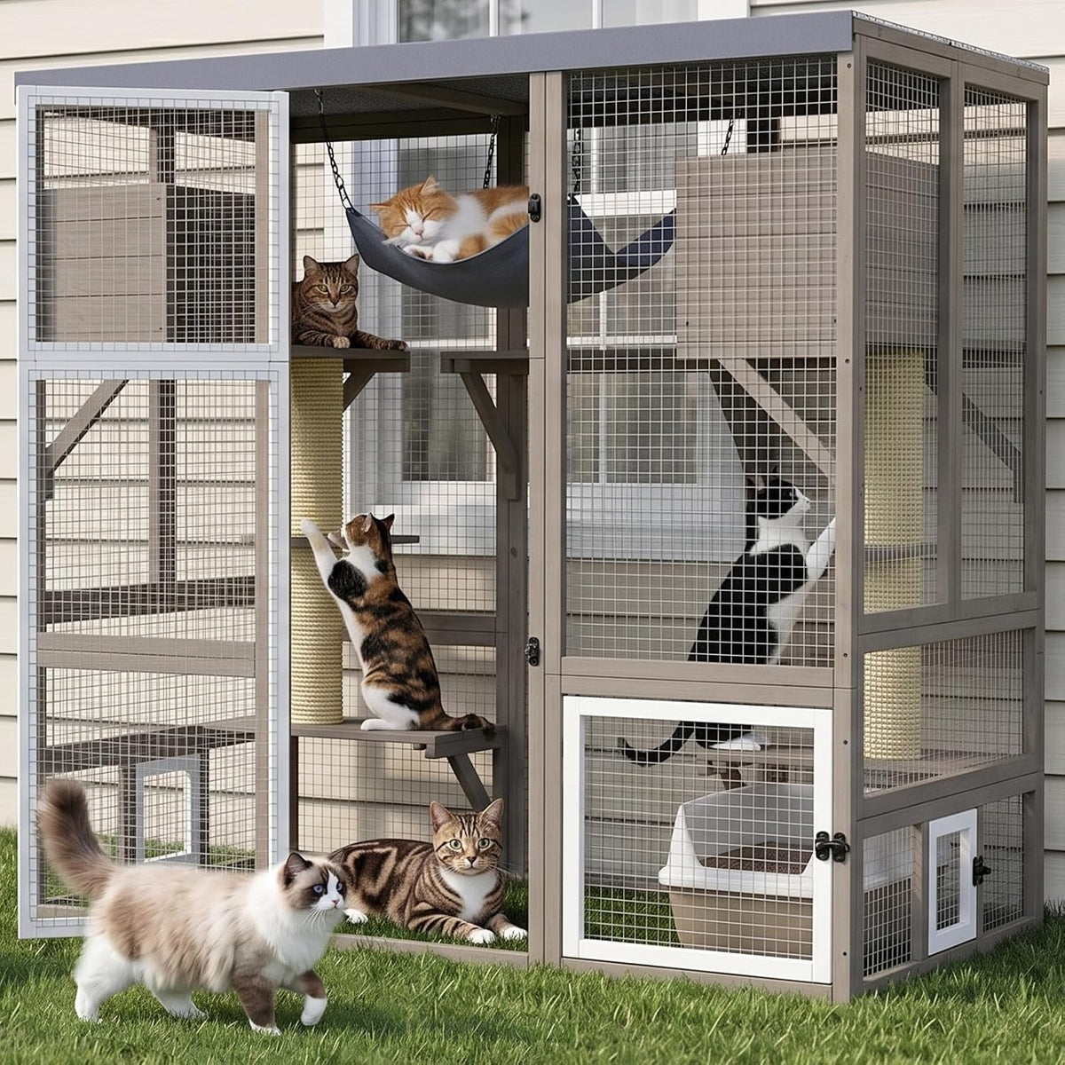 Large walk-in outdoor catio with two rooms, platforms and fabric roof