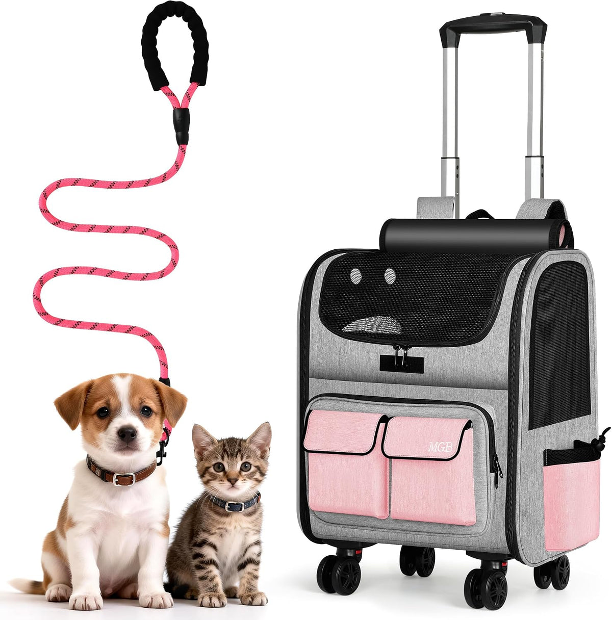 Gray foldable rolling pet carrier with removable wheels – view 6