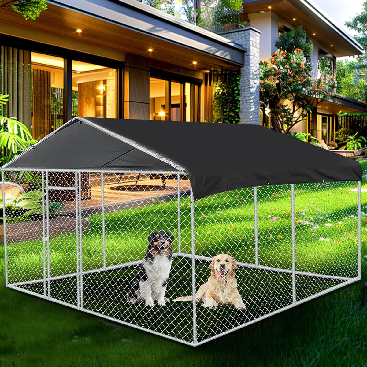 Large galvanized steel outdoor dog kennel with tarp roof in a backyard
