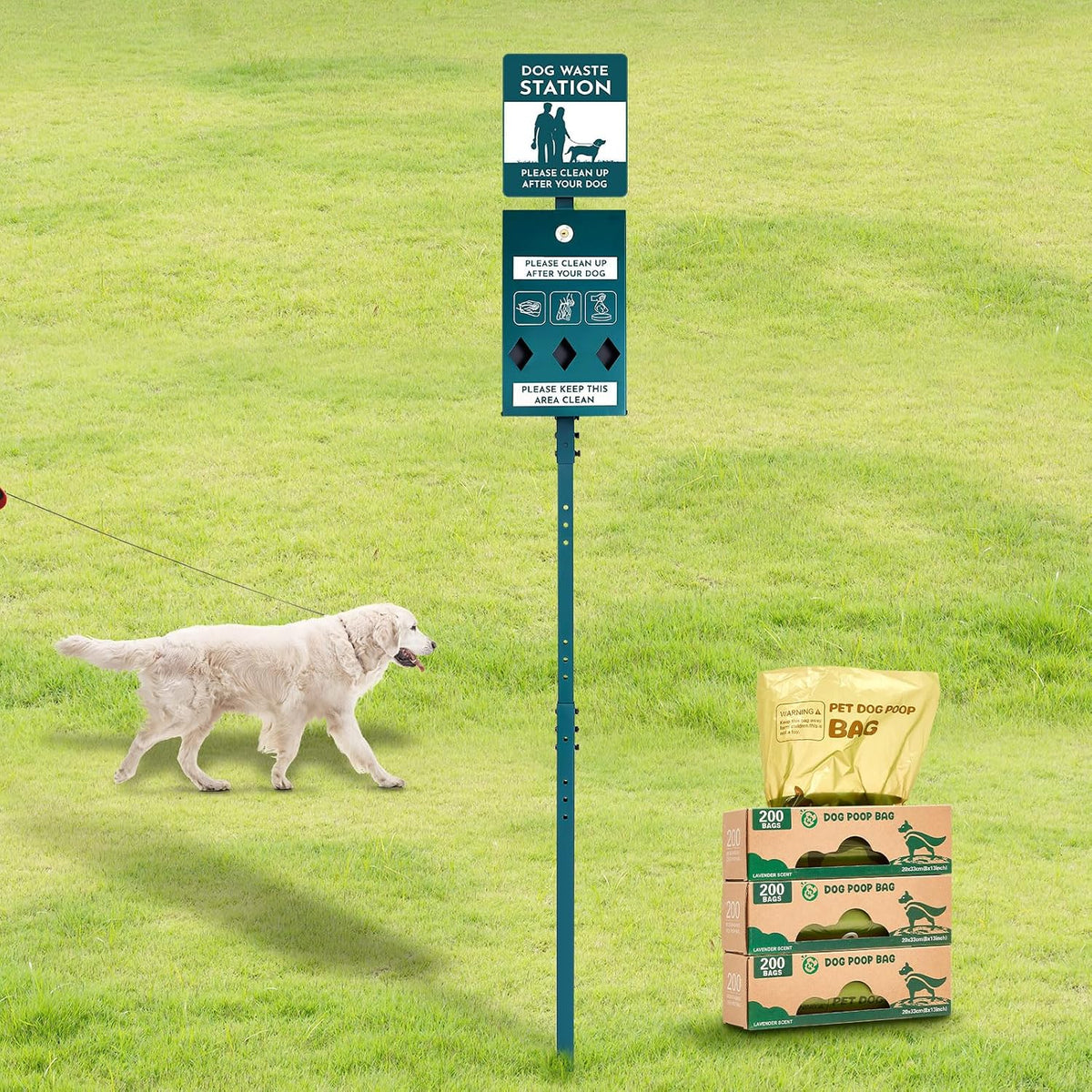 Green outdoor dog waste station with bin, bag dispenser and reflective sign on a metal pole