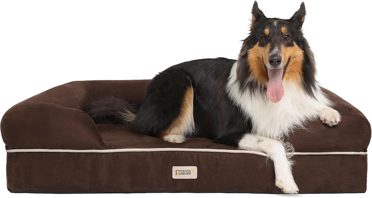 Cocoa brown XL memory foam couch dog bed with wall rim pillow