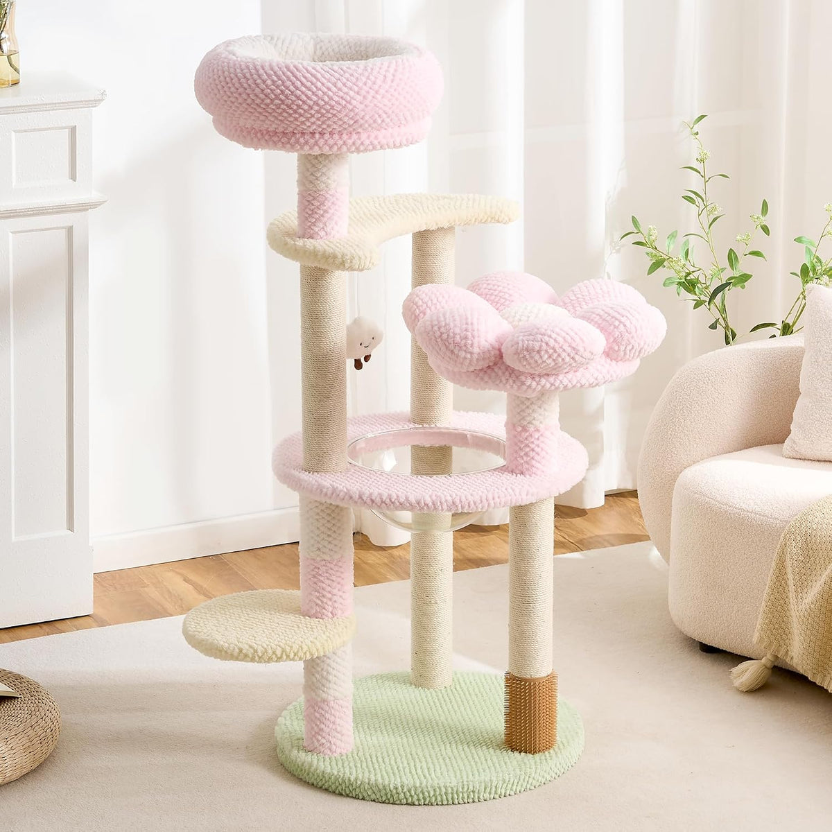 Blush pink floral cat tower with flower bed and clear space capsule