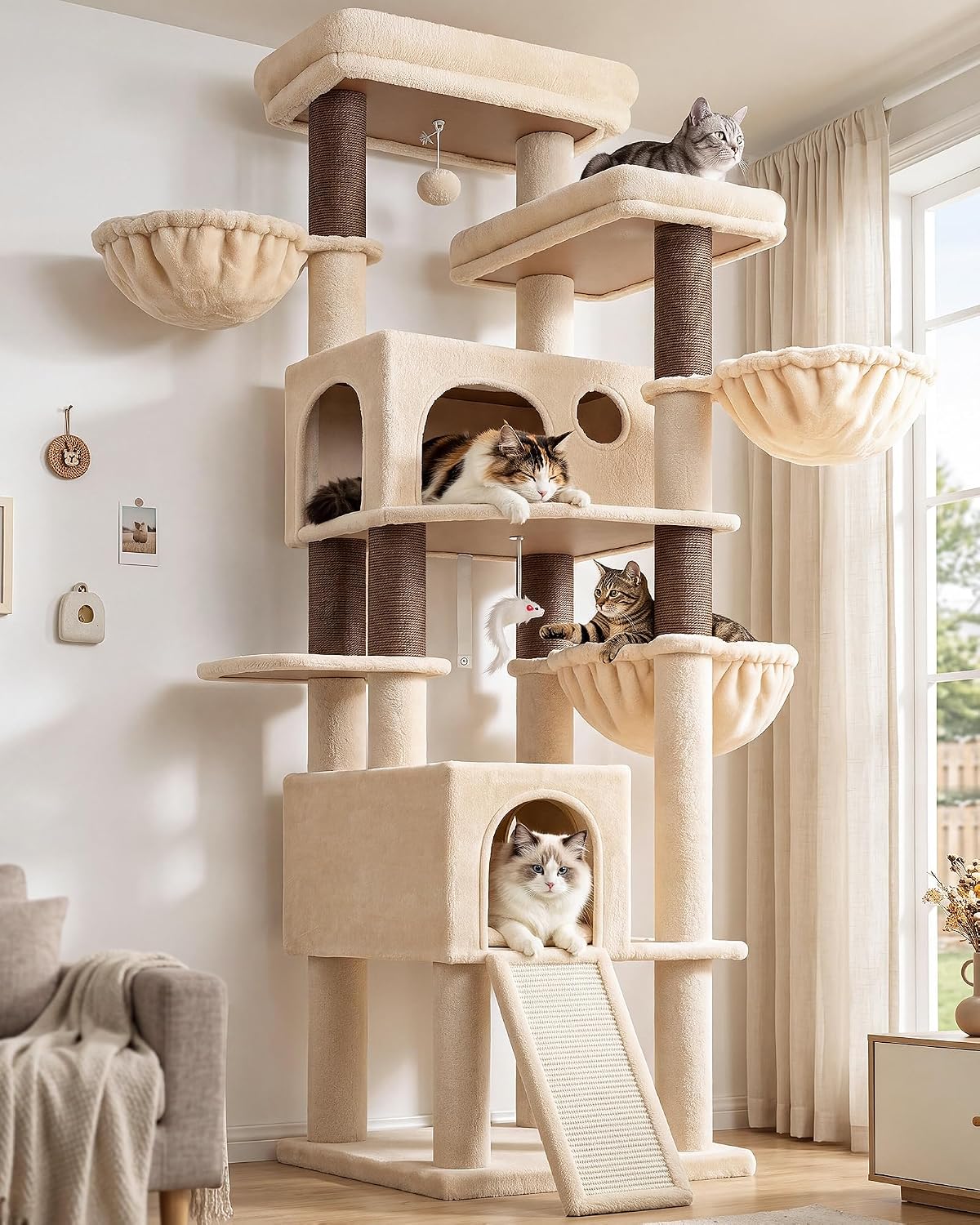 Light gray 80 inch cat tree with top perches, condos and plush baskets – view 3