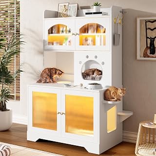 Cat Litter Box Enclosure with Storage Cabinet, 3-Tier, Fluted Glass Doors and Climbing Platforms, White