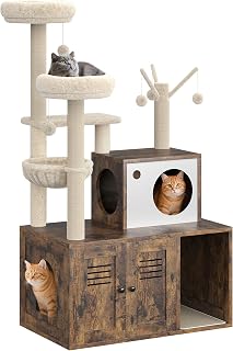 Modern Wooden Cat Tower with Hidden Litter Box Enclosure, Condo, Hammock, Basket and Pompoms, Brown