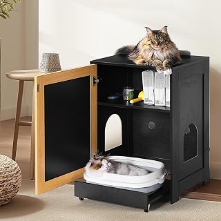 Litter Box Enclosure with Sisal Door, Storage Shelf and Rolling Tray, Eco-Friendly P2 Particleboard, Black