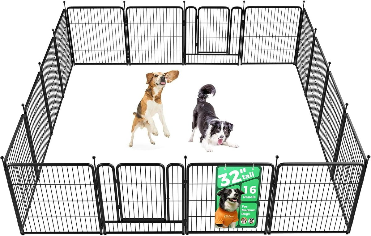 16-panel dog playpen set up on grass beside an RV